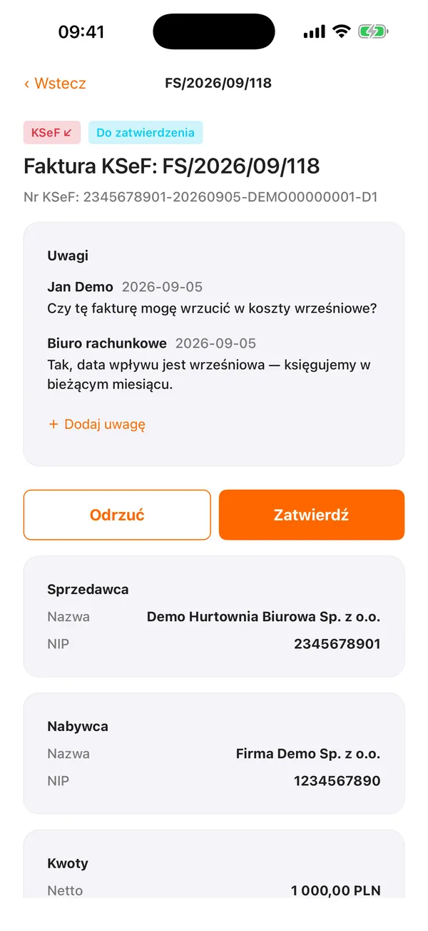 Aplikacja Tac Cube: zatwierdzanie faktury z uwagami