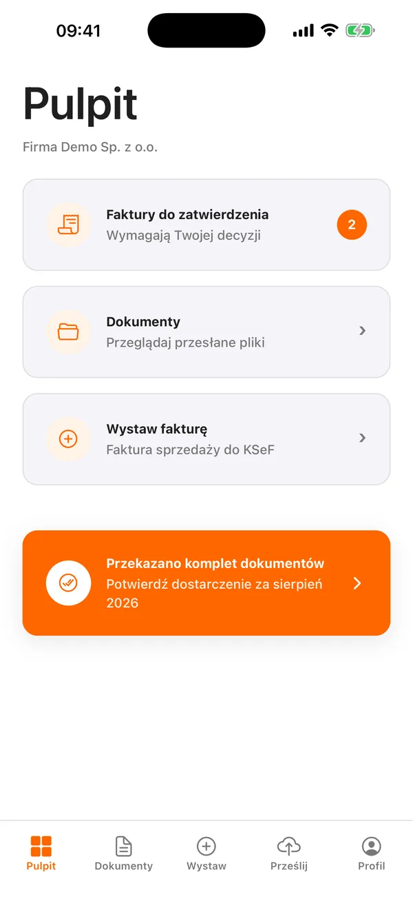 Aplikacja Tac Cube: pulpit z fakturami do zatwierdzenia